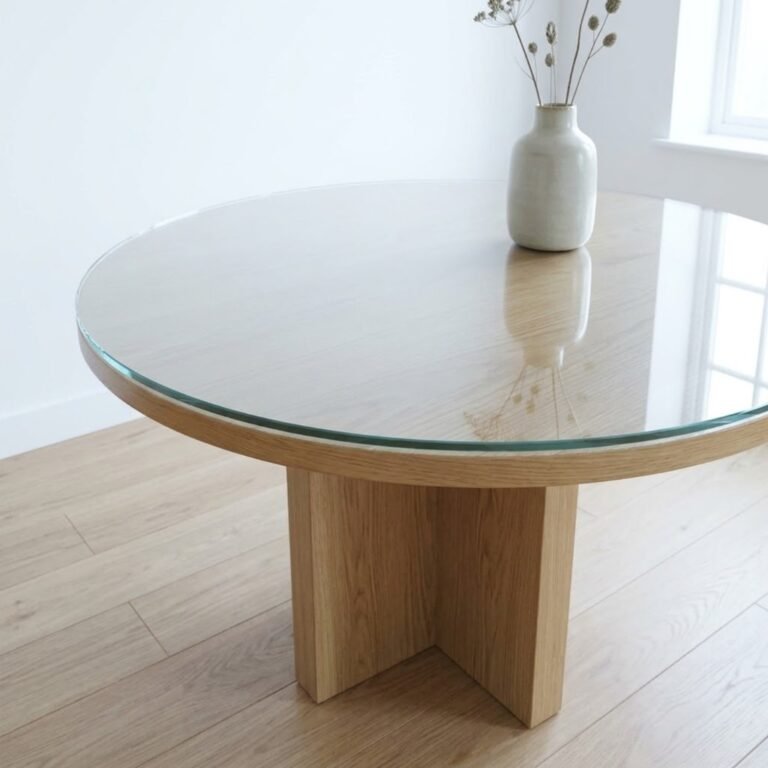 Round clear toughened glass table top on a round oak table
